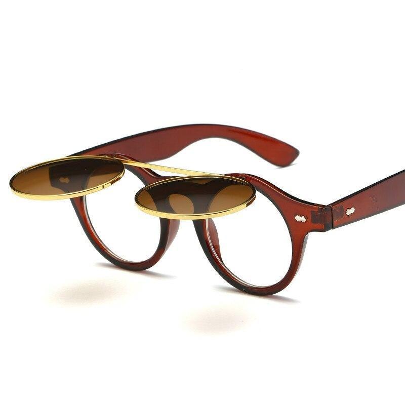 Stylish Vintage Round Flip Up Sunglasses Transparent Frame Women Men - SunglassesCarts