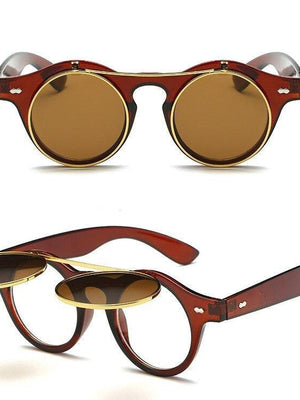 Stylish Vintage Round Flip Up Sunglasses Transparent Frame Women Men - SunglassesCarts